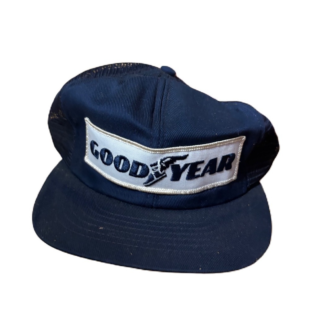 Vintage Goodyear Snapback Trucker Patch Mesh Hat Made in USA Blue
